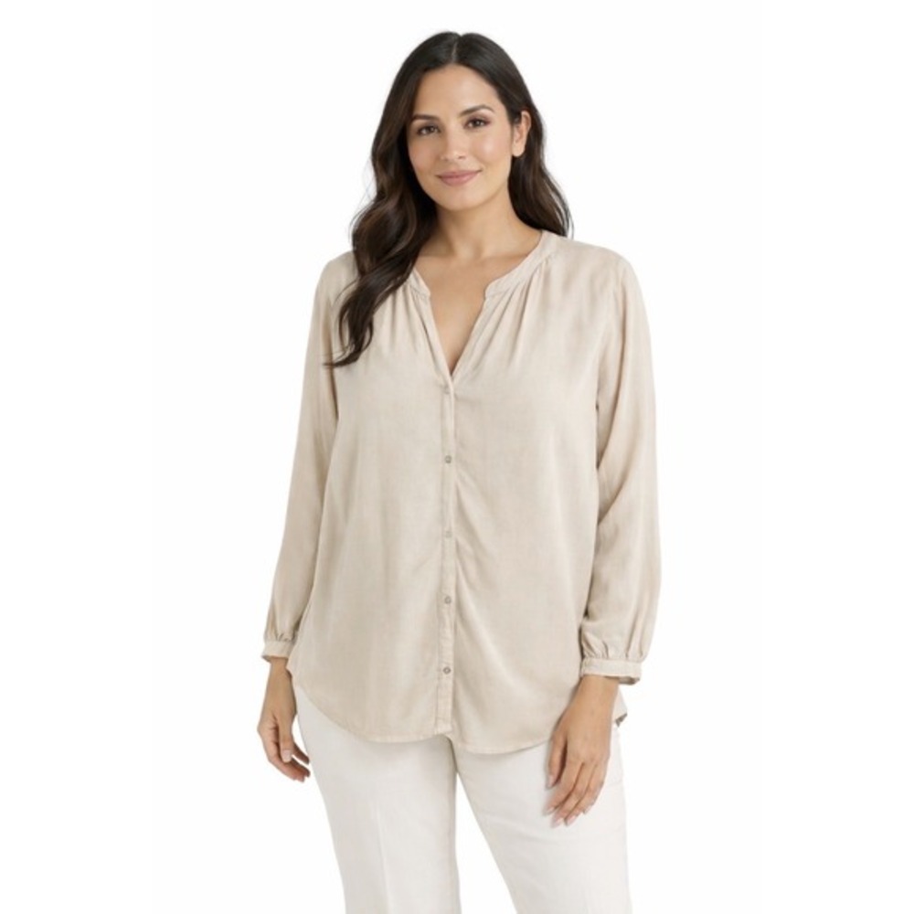 H&M‎ Beige V-Neck Button Front Blouse High Low Hem Neutral Top 6 Lagenlook 58-17